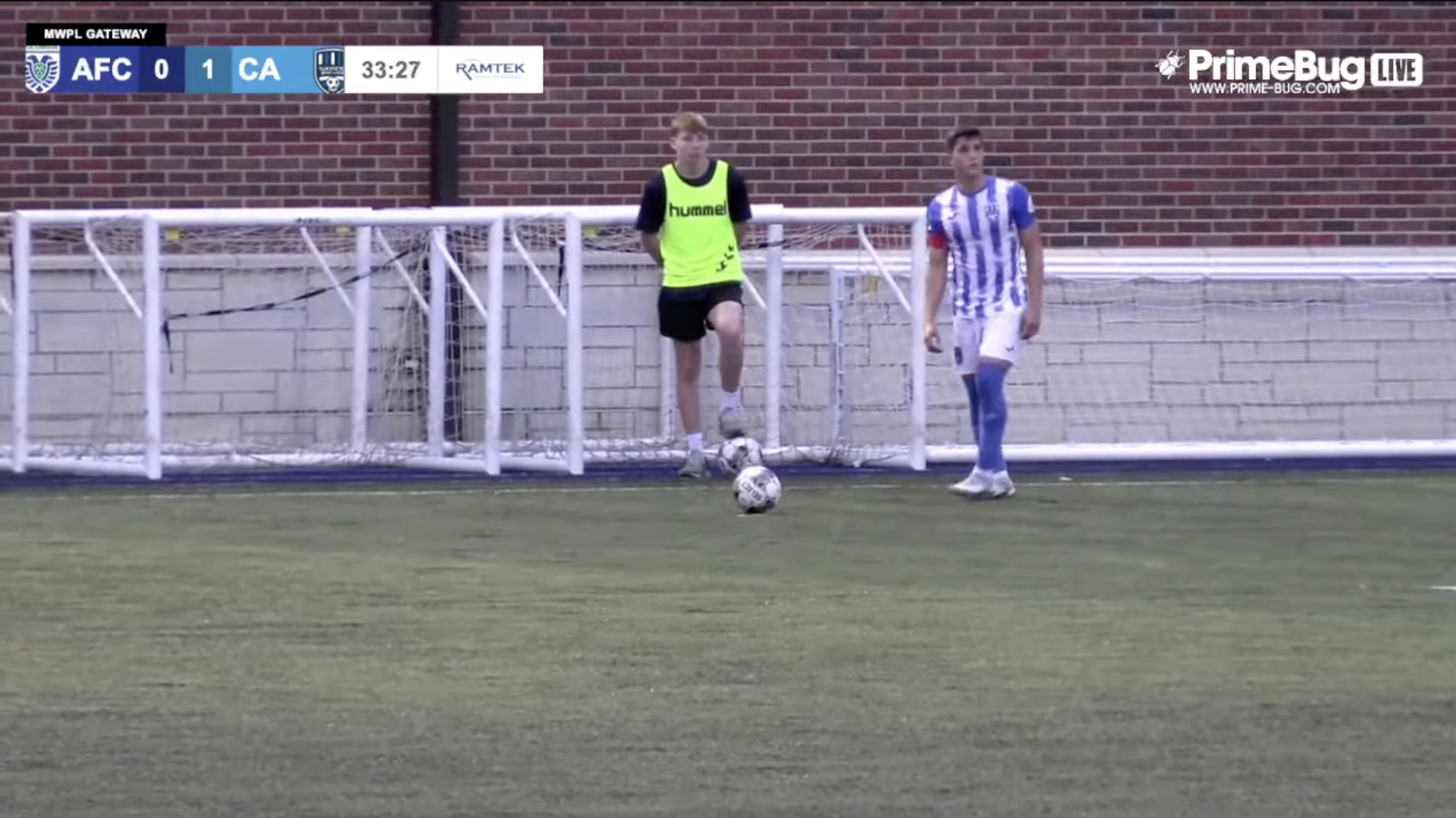 PrimeBug soccer broadcast with custom scoreboard graphics.
